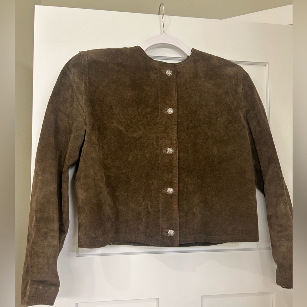 Woman’s brown suede, small, long sleeve short jacket with metal buttons